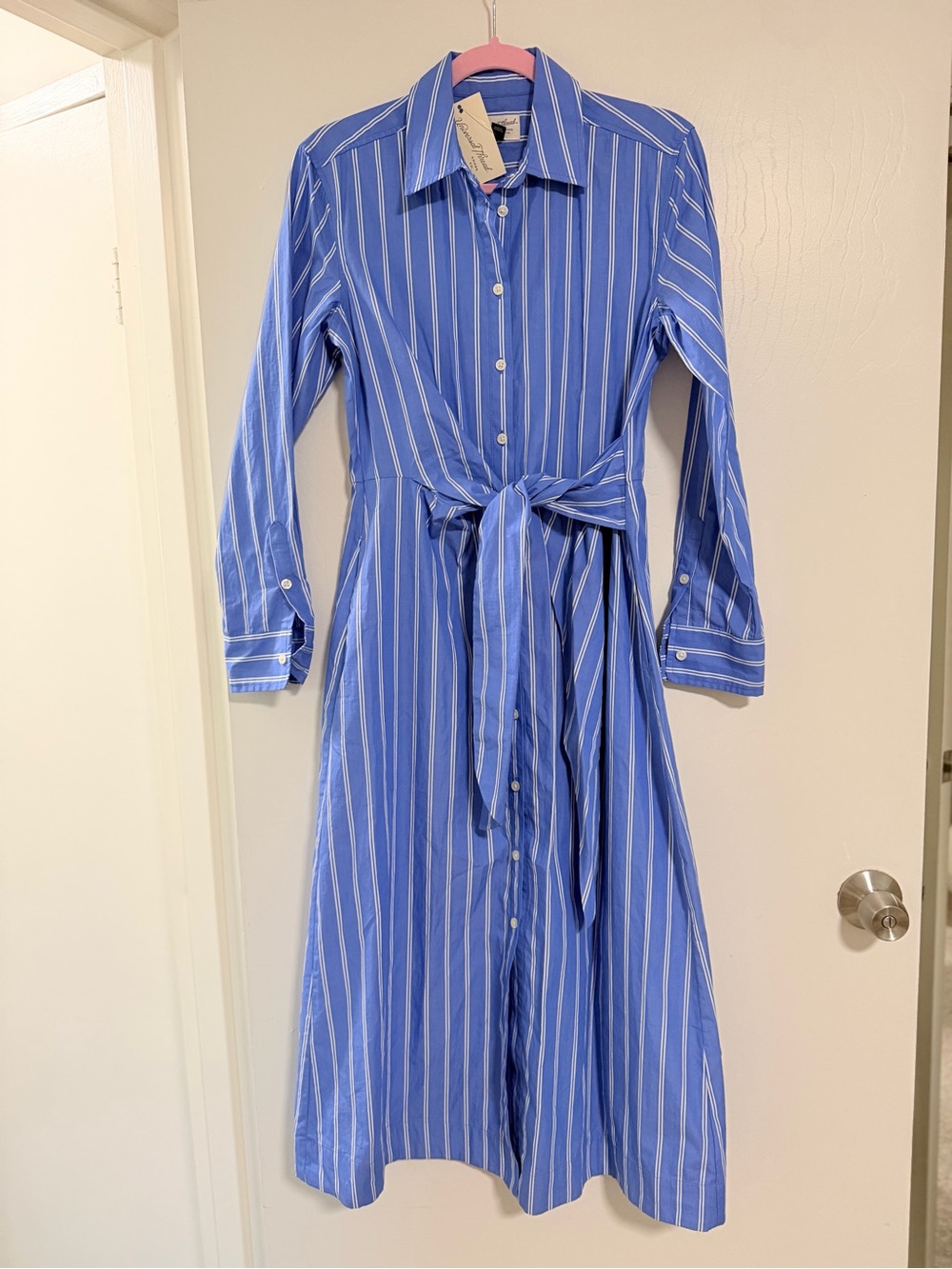 Universal Thread Blue & White Striped Long Sleeve Shirt Dress with Tie